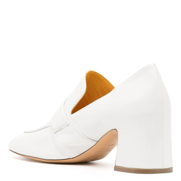 White leather slip-on loafer with low block heel and V-notched upper