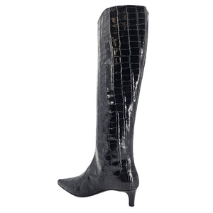 Black crocodile-textured tall boot with pointed toe and slim kitten heel