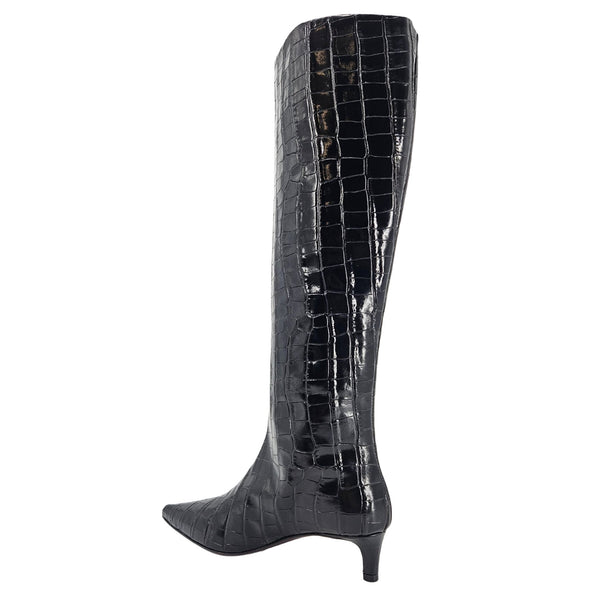 Black crocodile-textured tall boot with pointed toe and slim kitten heel