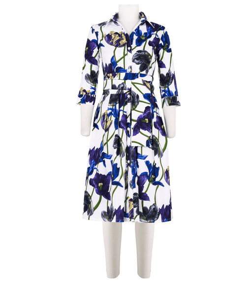 White long-sleeve dress with blue and purple floral print, collared button front, waist tie