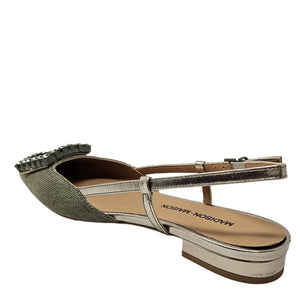 Khaki sling-back flat from side, jeweled toe and adjustable ankle strap