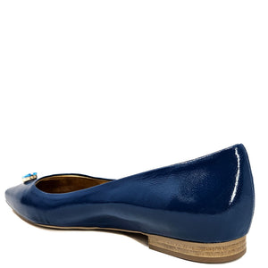 Blue pointy-toe ballet flats with jewel ornament and low wooden heel