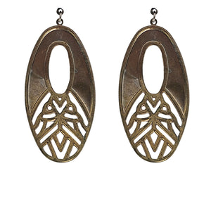 Gold-tone oval drop earrings with oval cutout and ornate filigree back