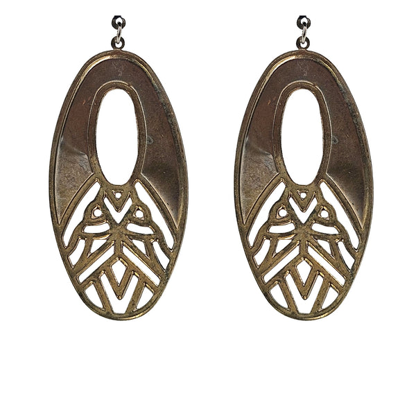Gold-tone oval drop earrings with oval cutout and ornate filigree back