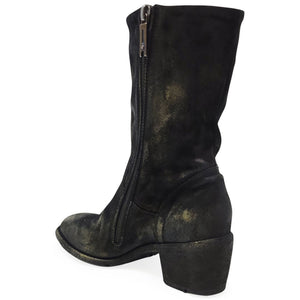 Mid-calf suede metallic boot with side zipper and block heel