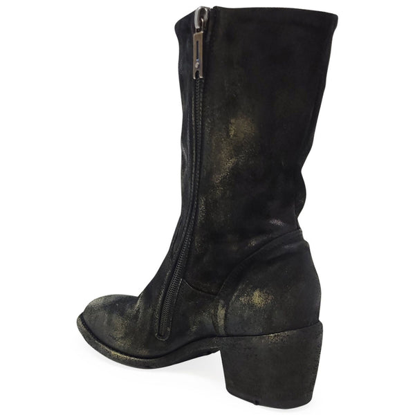 Mid-calf suede metallic boot with side zipper and block heel