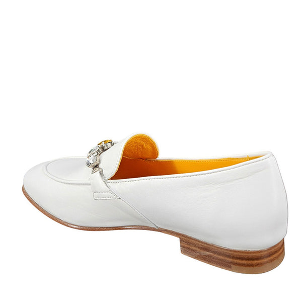 White leather flat loafer heel view with jeweled bit detail