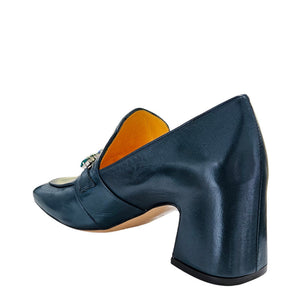 Navy leather mid-heel loafer side view with block heel and jeweled strap