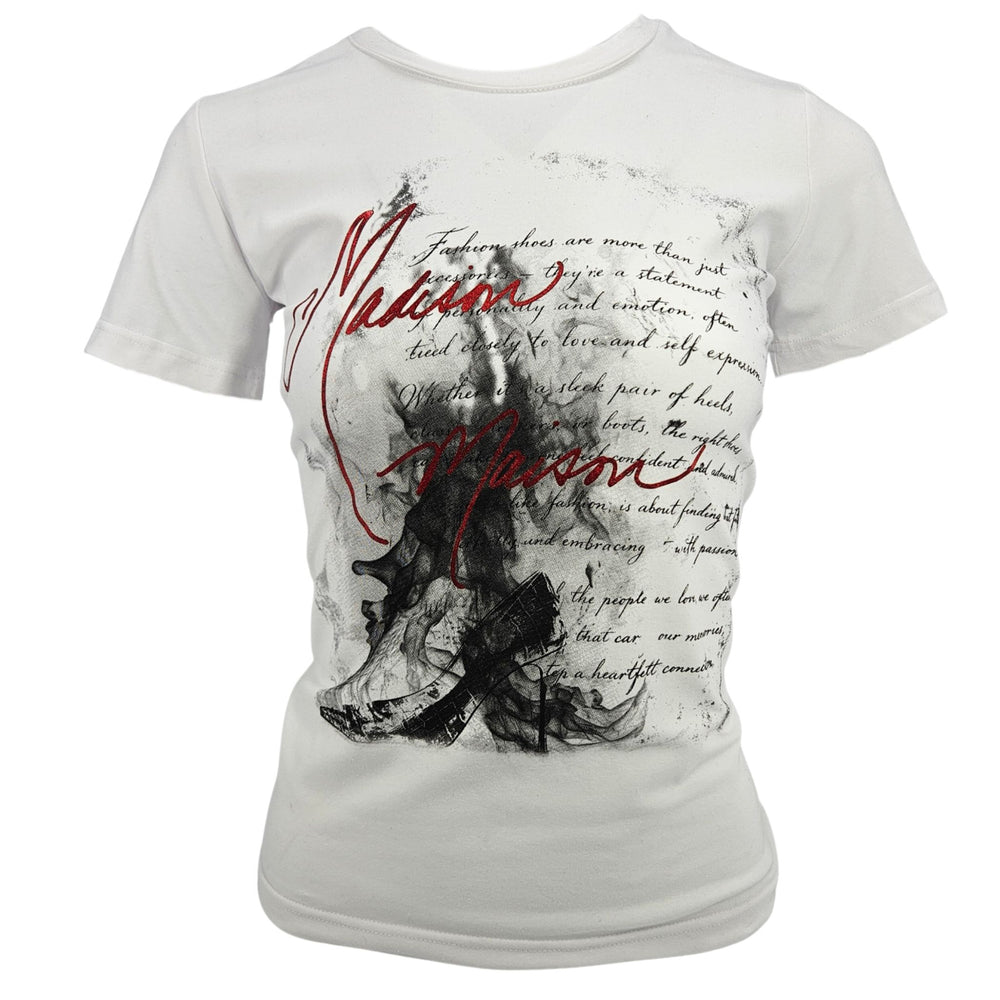 White T-shirt with black and red graphic text on front