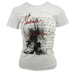 White T-shirt with black and red graphic text on front