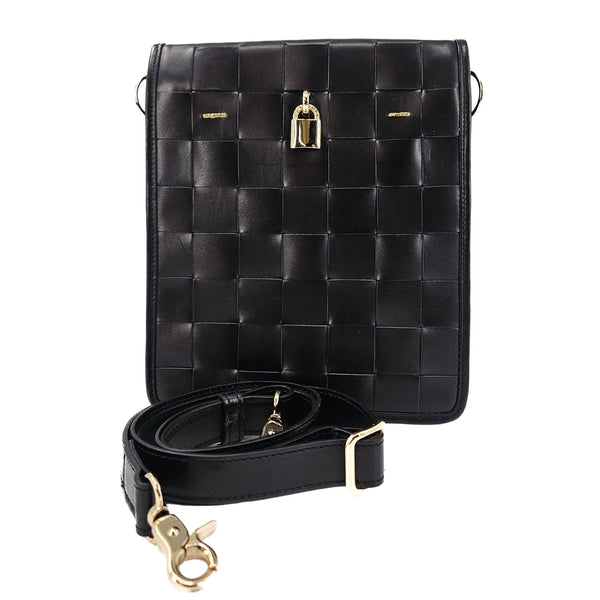 Black woven leather crossbody bag with flap and gold lock clasp, detachable shoulder strap