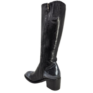 Black tall leather boot with full-length side zipper and block heel
