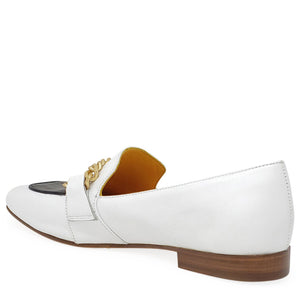 White slip-on flat loafer with gold chain ornament, brown sole and heel
