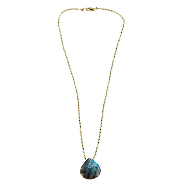 Blue labradorite teardrop pendant necklace with gold chain
