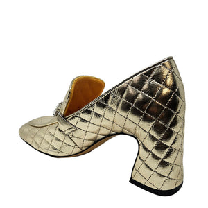 Gold quilted leather loafer with metallic finish, side view, chunky block heel