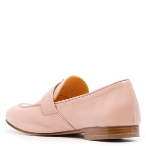 Light pink leather loafer heel view with slip-on back and flat low sole
