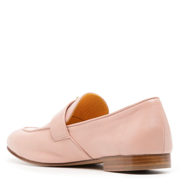 Light pink leather loafer heel view with slip-on back and flat low sole