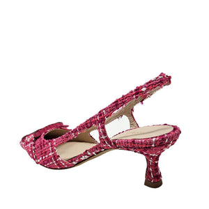 Cherry tweed slingback heels with T-strap and kitten heel