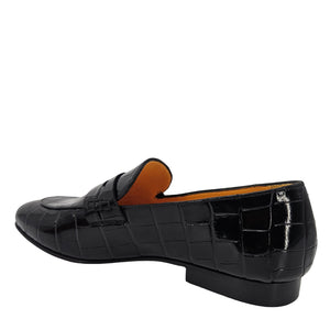 Black croc-embossed leather loafer with squared moc toe and low heel
