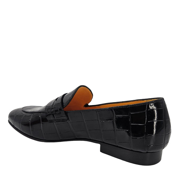 Black croc-embossed leather loafer with squared moc toe and low heel