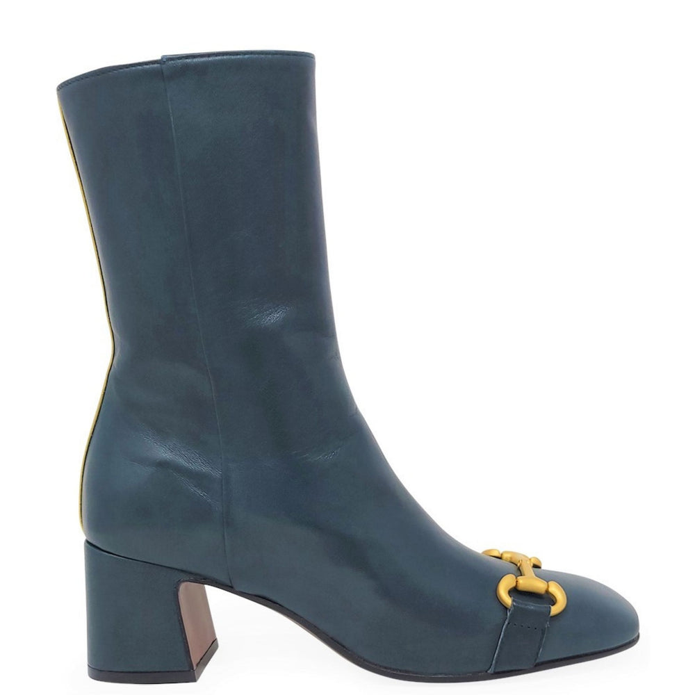 Teal leather mid-calf boot with gold buckle detail and block heel