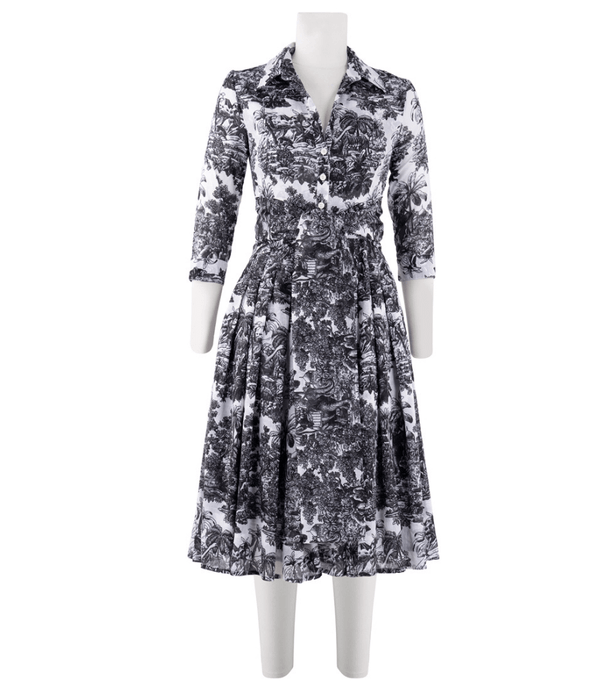 Women's long-sleeve maxi dress with black-and-white toile print, fitted waist