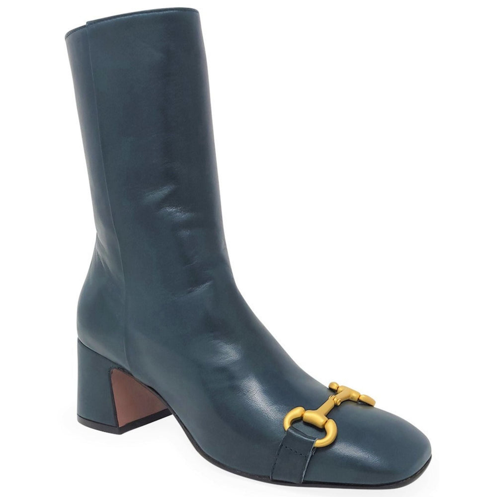 Teal leather mid-calf boot with gold buckle detail and block heel