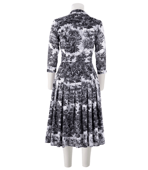 Women's back-view long-sleeve maxi dress with black-and-white toile print
