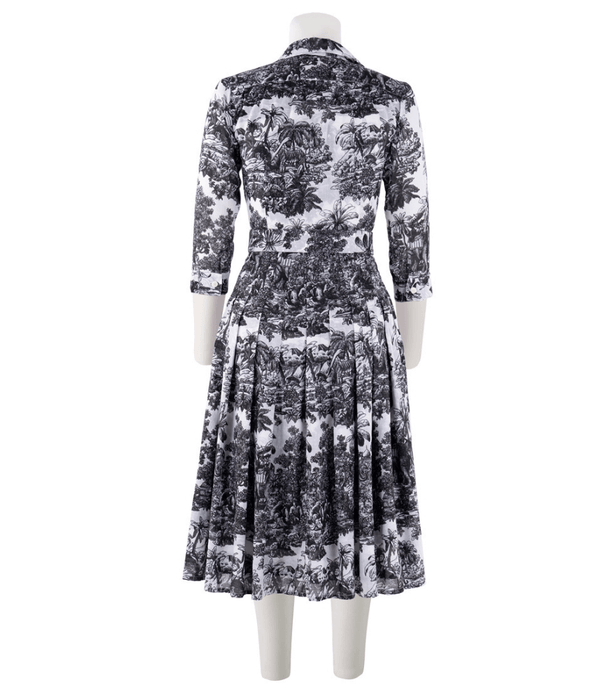Women's back-view long-sleeve maxi dress with black-and-white toile print