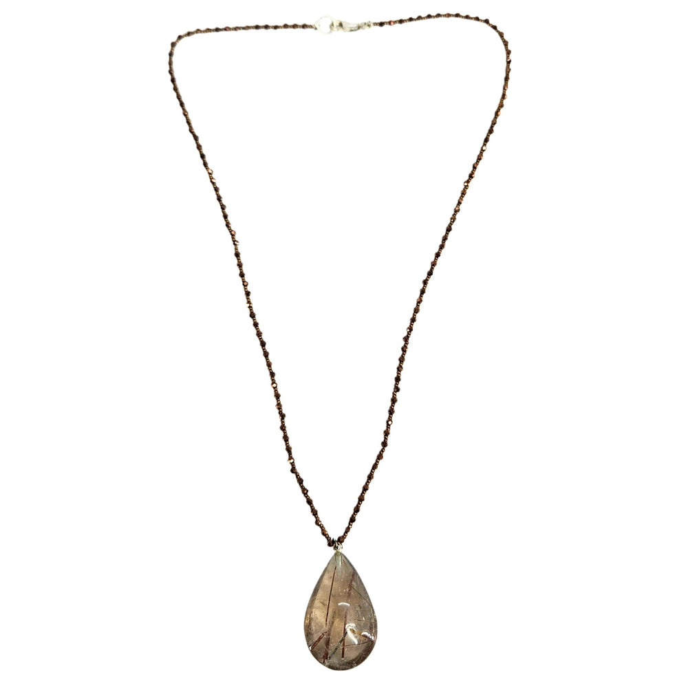 Gold-tone chain necklace with teardrop rutilated quartz pendant