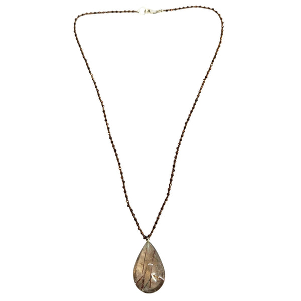 Copper-tone chain necklace with teardrop rutilated quartz pendant