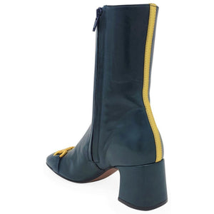 Teal leather mid-calf boot with contrast yellow back stripe, zipper, and block heel