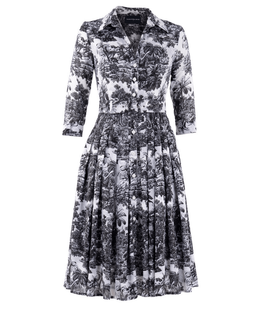 Women's long-sleeve maxi dress with V-neck and black-and-white toile print
