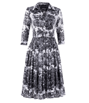 Women's long-sleeve maxi dress with V-neck and black-and-white toile print