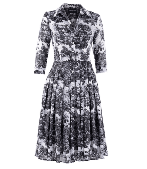 Women's long-sleeve maxi dress with V-neck and black-and-white toile print
