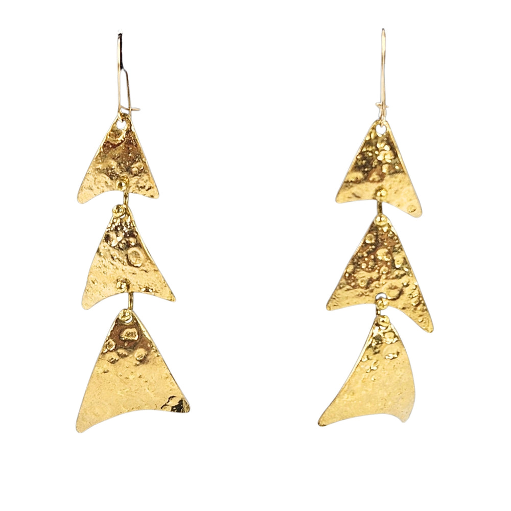 Goldtone dangle earrings with three textured, arrow-like abstract charms