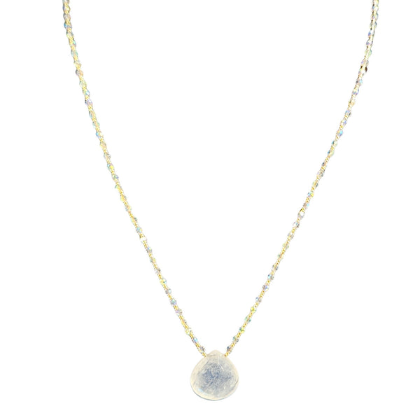Moonstone pendant necklace with gold-tone chain and round iridescent cabochon