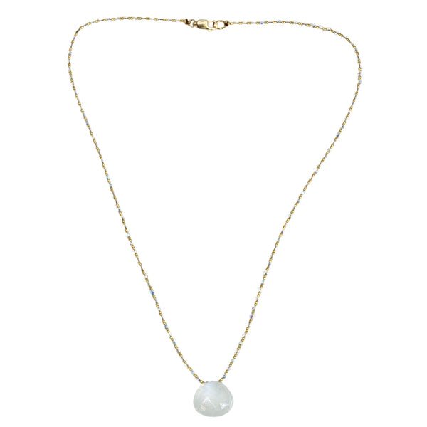 Moonstone pendant necklace with gold-tone chain and round iridescent stone pendant