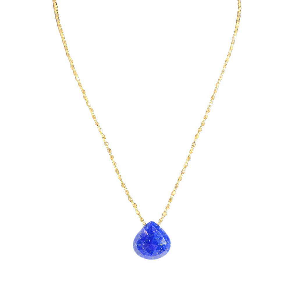 Blue teardrop pendant on gold-tone link chain, closer view