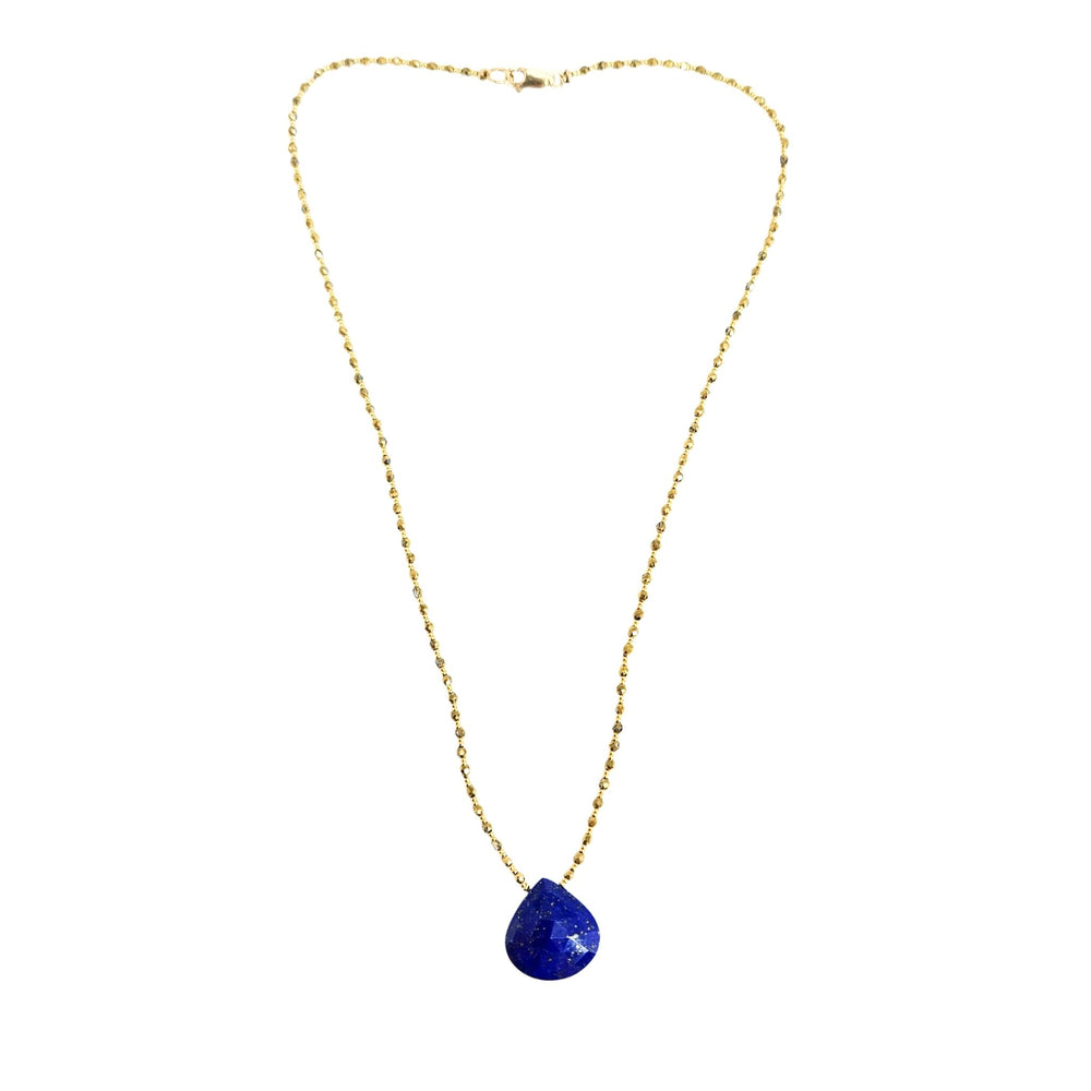 Blue teardrop pendant on gold-tone link chain, closer view