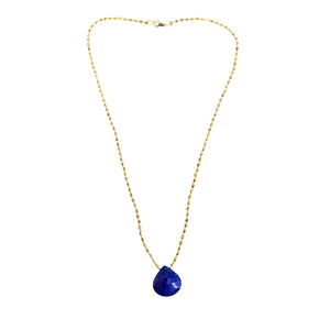Blue teardrop pendant on gold-tone link chain
