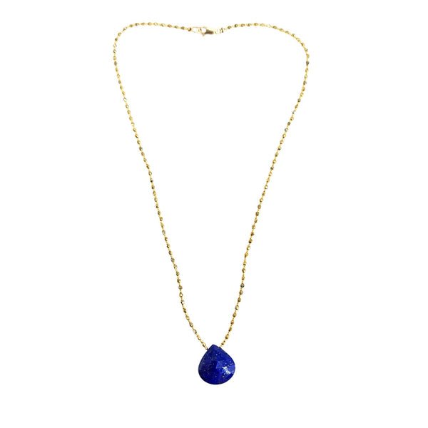 Blue teardrop pendant on gold-tone link chain