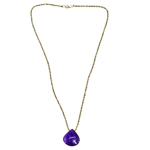 Teardrop pendant necklace with deep purple amethyst drop on gold-tone chain