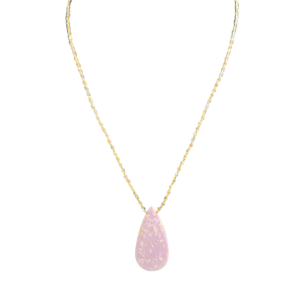 Pink teardrop phosphorite pendant necklace with thin gold-tone chain