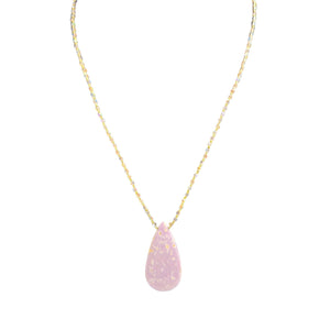 Pink teardrop phosphorite pendant necklace with thin gold-tone chain