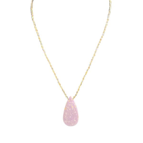 Pink teardrop phosphorite pendant necklace with thin gold-tone chain