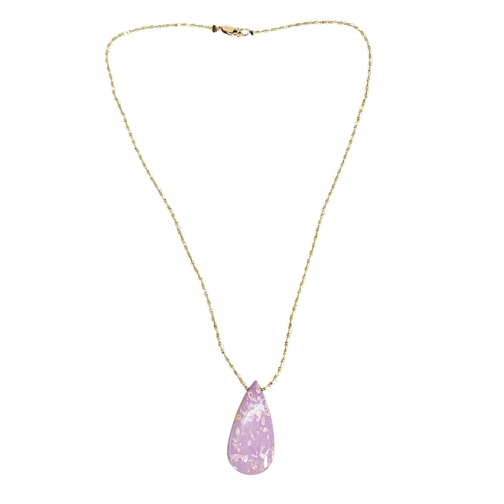 Pink teardrop phosphorite pendant necklace with thin gold-tone chain