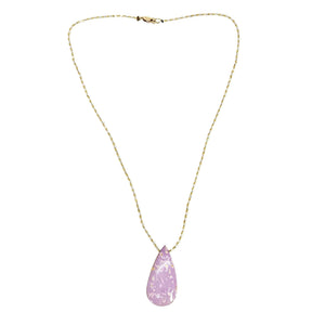 Pink teardrop pendant necklace, gold-tone chain with small top clasp