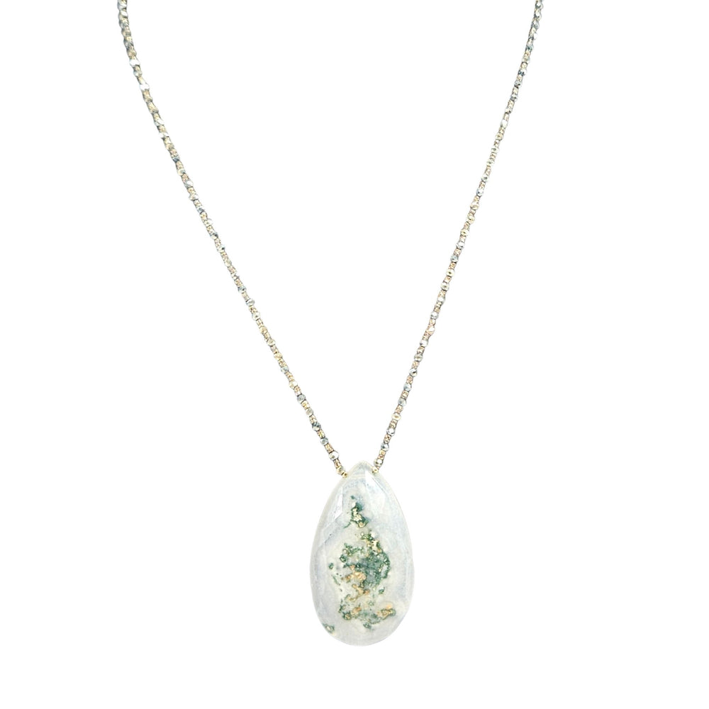 Ivory green quartz teardrop pendant necklace with silver-tone chain