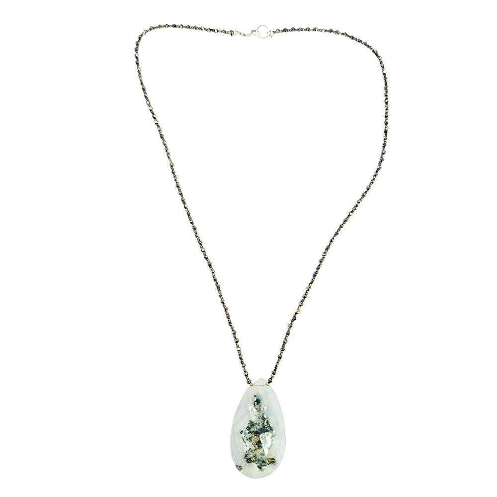 Ivory green quartz teardrop pendant necklace with silver-tone chain